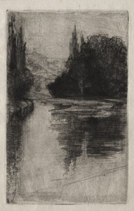 Evening by Francis Seymour Haden, created 1864, in etching. Download this artwork as a high-resolution wallpaper for desktop, tablet, or mobile. — Francis Seymour Haden Wallpaper