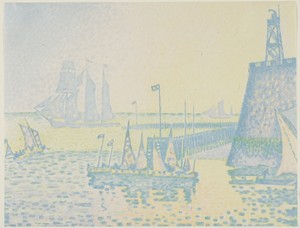 Evening by Paul Signac, created 1898, in Lithograph in five colors (light blue, blue, yellow, pink and green) on ivory wove chine. Download this artwork as a hi — Illustration Wallpaper