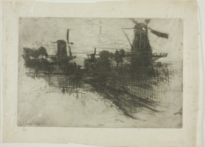 Evening by John Henry Twachtman, created 1881, in Etching on China paper. Download this artwork as a high-resolution wallpaper for desktop, tablet, or mobile. — John Henry Twachtman Wallpaper