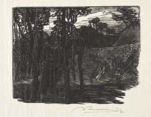 Evening by Auguste Louis Lepère, created 1895, in wood engraving. Download this artwork as a high-resolution wallpaper for desktop, tablet, or mobile. — Auguste Louis Lepère Wallpaper