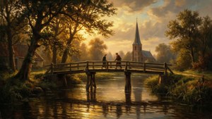 Een rustig rivierlandschap met een houten brug tijdens het gouden uur, geïnspireerd door Pieter Langendijk (I)