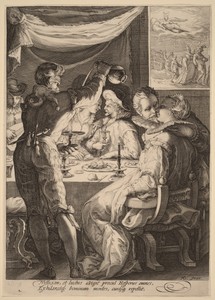 Evening by Jan Saenredam, created c.1595-1598, in engraving laid on paper. Download this artwork as a high-resolution wallpaper for desktop, tablet, or mobile. — Jan Saenredam Wallpaper