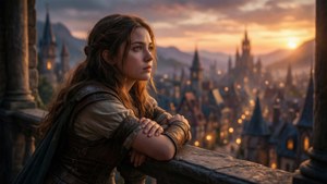 Guild Girl katselee auringonlaskua kaupungin yllä