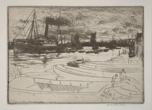 Evening Light by Donald Shaw MacLaughlan, created 1913, in etching. Download this artwork as a high-resolution wallpaper for desktop, tablet, or mobile. — Donald Shaw MacLaughlan Wallpaper