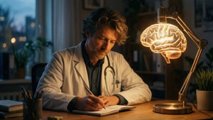 Neuroloog schrijft 's avonds aantekeningen onder een lamp in de vorm van een brein