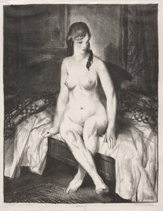 Evening, Nude on a Bed by George Bellows, created 1921, in lithograph. Download this artwork as a high-resolution wallpaper for desktop, tablet, or mobile. — George Bellows Wallpaper