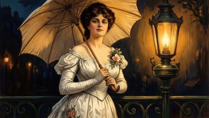 Un papier peint serein d'affiche de Jules Chéret d'une femme avec un parasol près d'un réverbère à gaz, lueur ambrée chaude.