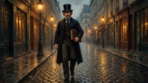 Daniel Vierge se promène à Paris au crépuscule, portfolio à la main