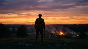 Silhouette pacifica del tramonto sul campo di battaglia di Monmouth dopo il combattimento