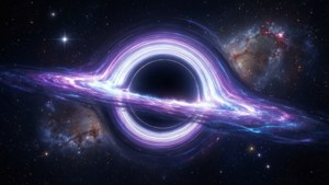 Kosmisk wallpaper af et sort hul med glødende akkretionsskive