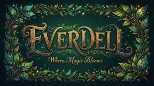 Elegant fantasy typografie behang voor Everdell met sierlijke bladrand