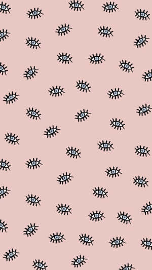 Pink background with scattered black outlined eyes with blue irises and radiating lines.