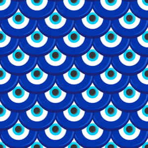 Blaues, weißes und schwarzes böser Blick-Muster, das sich in muschelförmigen Reihen wiederholt. — Pink Evil Eye Wallpaper