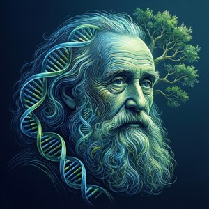 Abstrakti muotokuva Darwinista DNA- ja puuaiheilla.