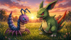 To Pokémon konfronterer hverandre på en mark ved solnedgang.