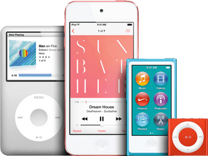 Four iPod models showing music and app interfaces.