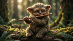 Seorang Ewok memainkan seruling di hutan yang diterangi matahari, suasana tenang.