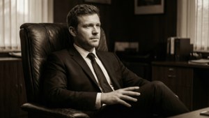 Nick Aldis i jakkesæt poserer i vintage kontor med sepia toner