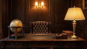 Klassieke executive studeerkamer met mahoniehouten panelen en leren bureau, warme verlichting, elegant behang.