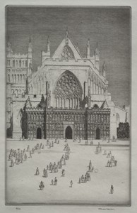 Exeter Cathedral by Herbert Gordon Warlow, created 1900–42, in drypoint. Download this artwork as a high-resolution wallpaper for desktop, tablet, or mobile. — Herbert Gordon Warlow Wallpaper