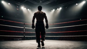 Uma silhueta dramática de um kickboxer saindo do ringue após uma vitória, iluminado por holofotes.