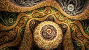 Vibrant fractal patterns swirl in golden and green hues toward a glowing center. — Soft Brown Aesthetic Picture