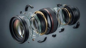 Éléments en verre de l'objectif d'appareil photo démontés flottant en vue éclatée