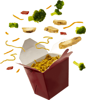 Red takeout box overflowing with noodles broccoli chicken and carrots. — Noodles Wallpaper