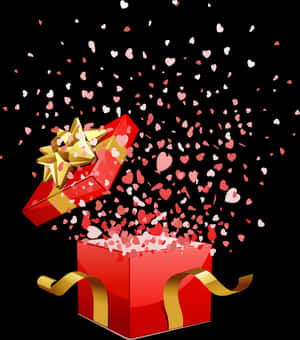 Red gift box with gold bow exploding with pink and white heart confetti. — Present PNG