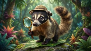 Legesyg tegneserie-coati klædt som jungleopdagelsesrejsende