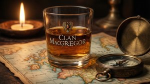 Clan Macgregor -viskilasi antiikkikartalla kompassin kanssa