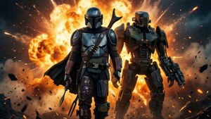 Mandalorian og IG-11 silhuetter mod en eksplosion.