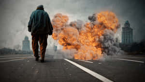 Ein Mann geht von einer großen Explosion auf einer Stadtstraße weg. — Hintergrund Wallpaper