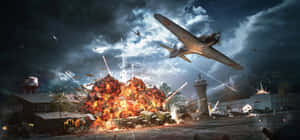 Kampfflugzeug fliegt über eine feurige Explosion auf einem bombardierten Flugplatz unter Sturmwolken. — Hintergrund Wallpaper