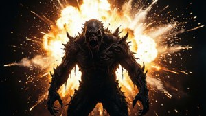 Um monstro silhuetado por uma explosão massiva, criando uma imagem dramática.