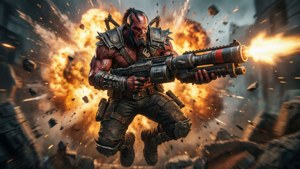 Doom Slayer springt und feuert einen Raketenwerfer ab.