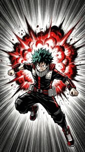 Bakugo si spinge verso l'alto con un'enorme esplosione, azione dinamica da manga.