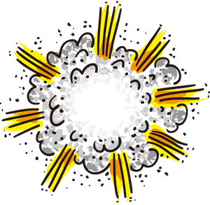 Comic book explosion with gray smoke and yellow shockwaves.