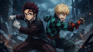 Kirishima and Bakugo stand back-to-back ready for battle.