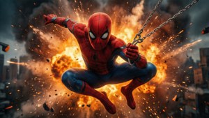 Spider-Man svinger væk fra en massiv eksplosion i byen.