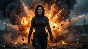 Focus Skin geht in dramatischem Gegenlicht von einer Explosion weg.