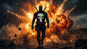 Punisher siluettina valtavaa räjähdystä vasten.