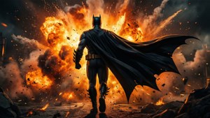 Absolute Batman che esce da un'esplosione, mantello svolazzante, con fuoco e fumo drammatici.