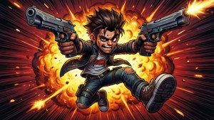 Pico dual wielding guns in mid-air with explosion, comic book action style.