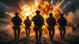Cinco soldados silueteados contra una explosión masiva, épico cinematográfico.