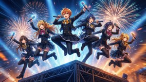 Idola Ensemble Stars melakukan stage dive berenergi tinggi dengan kembang api.