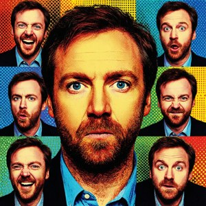 A pop art collage wallpaper featuring many expressions of Ricky Gervais.