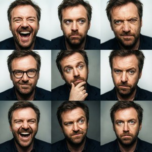 Eine Collage mehrerer ausdrucksstarker Porträts von Ricky Gervais in einem Raster.