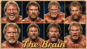 Collage av Bobby Heenan-uttrykk med 'The Brain'-tekstoverlegg.