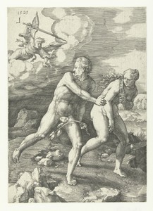 Expulsion from Paradise by Lucas van Leyden, created 1529, in paper; engraving. Download this artwork as a high-resolution wallpaper for desktop, tablet, or mob — Art Picture